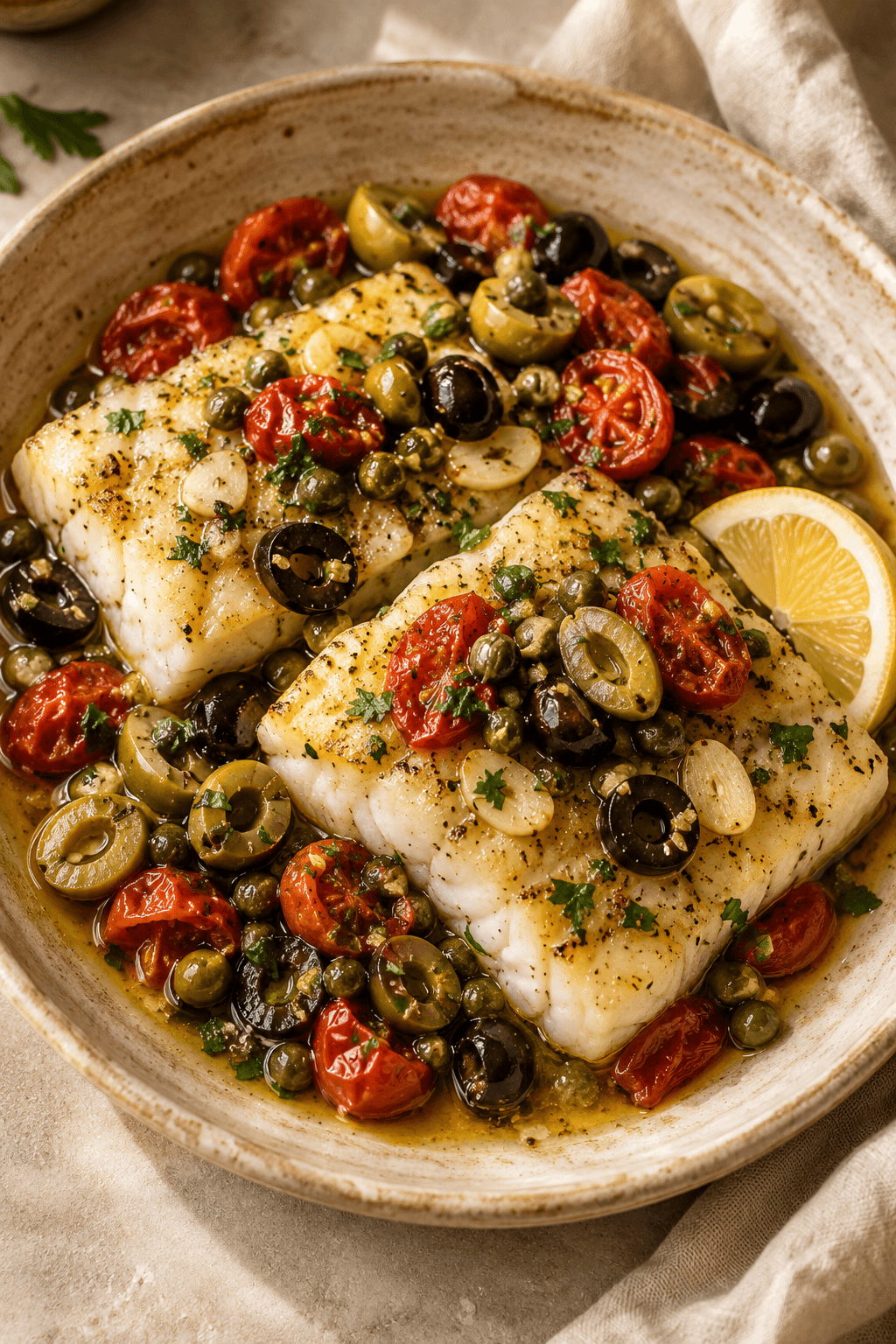 Baked Cod with Olive & Caper Sauce