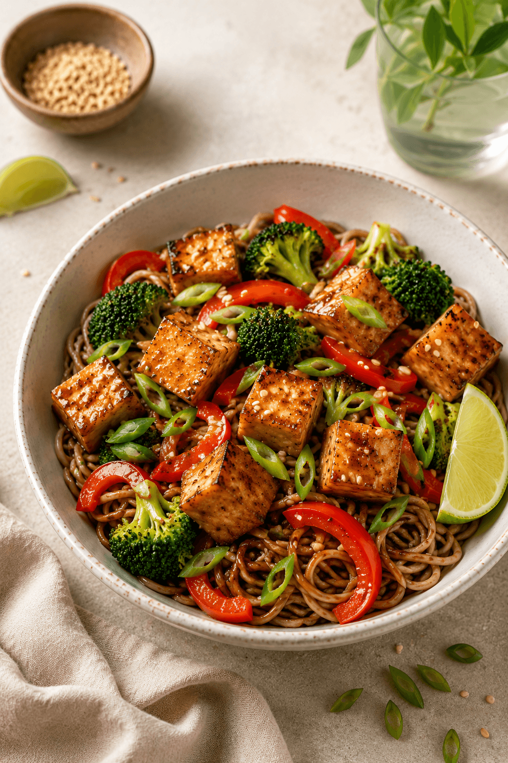 Crispy Tofu, Broccoli & Sesame Noodle Bowls