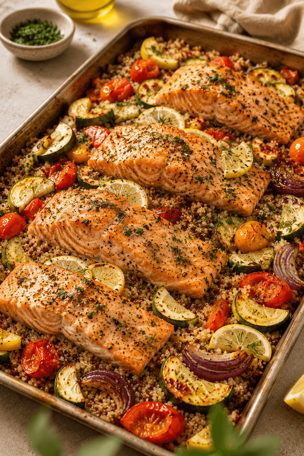 Lemon Herb Salmon & Quinoa Traybake