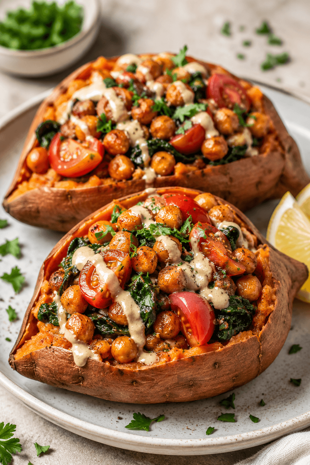 Mediterranean Chickpea Stuffed Sweet Potatoes